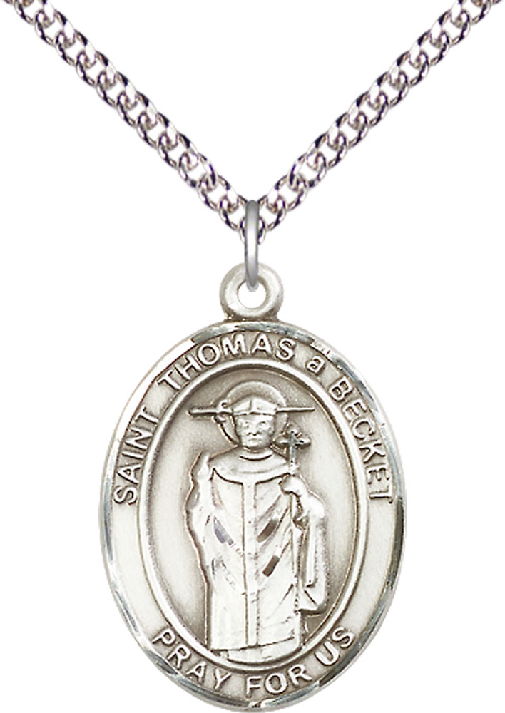 Sterling Silver Saint Thomas A Becket Pendant on a 24 inch Sterling Silver Heavy Curb chain