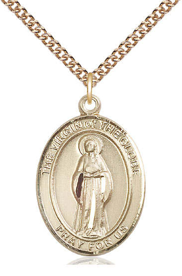 14kt Gold Filled Virgin of the Globe Pendant on a 24 inch Gold Filled Heavy Curb chain