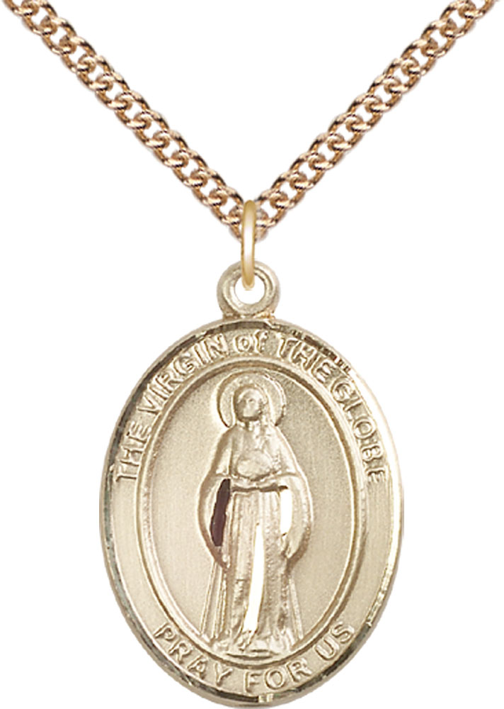 14kt Gold Filled Virgin of the Globe Pendant on a 24 inch Gold Filled Heavy Curb chain