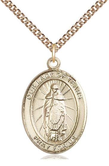 14kt Gold Filled Our Lady of Tears Pendant on a 24 inch Gold Filled Heavy Curb chain