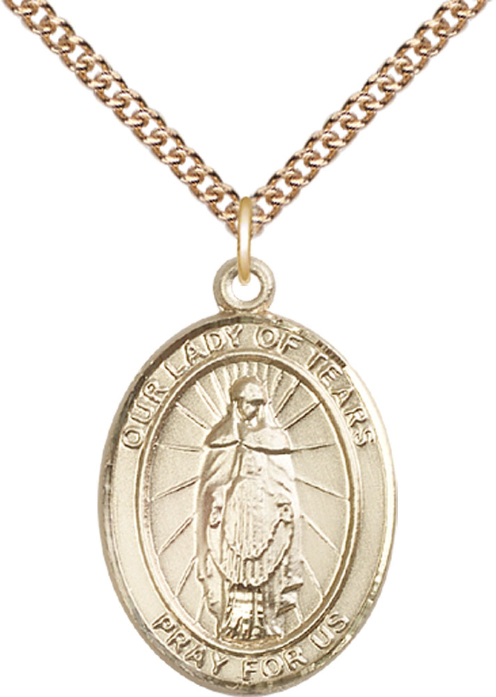 14kt Gold Filled Our Lady of Tears Pendant on a 24 inch Gold Filled Heavy Curb chain