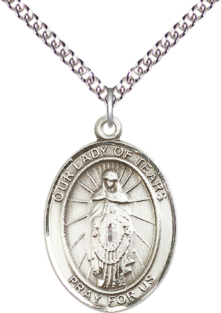 Sterling Silver Our Lady of Tears Pendant on a 24 inch Sterling Silver Heavy Curb chain