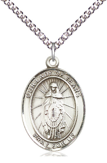 Sterling Silver Our Lady of Tears Pendant on a 24 inch Sterling Silver Heavy Curb chain