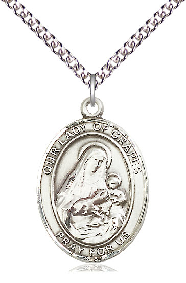 Sterling Silver Our Lady of Grapes Pendant on a 24 inch Sterling Silver Heavy Curb chain