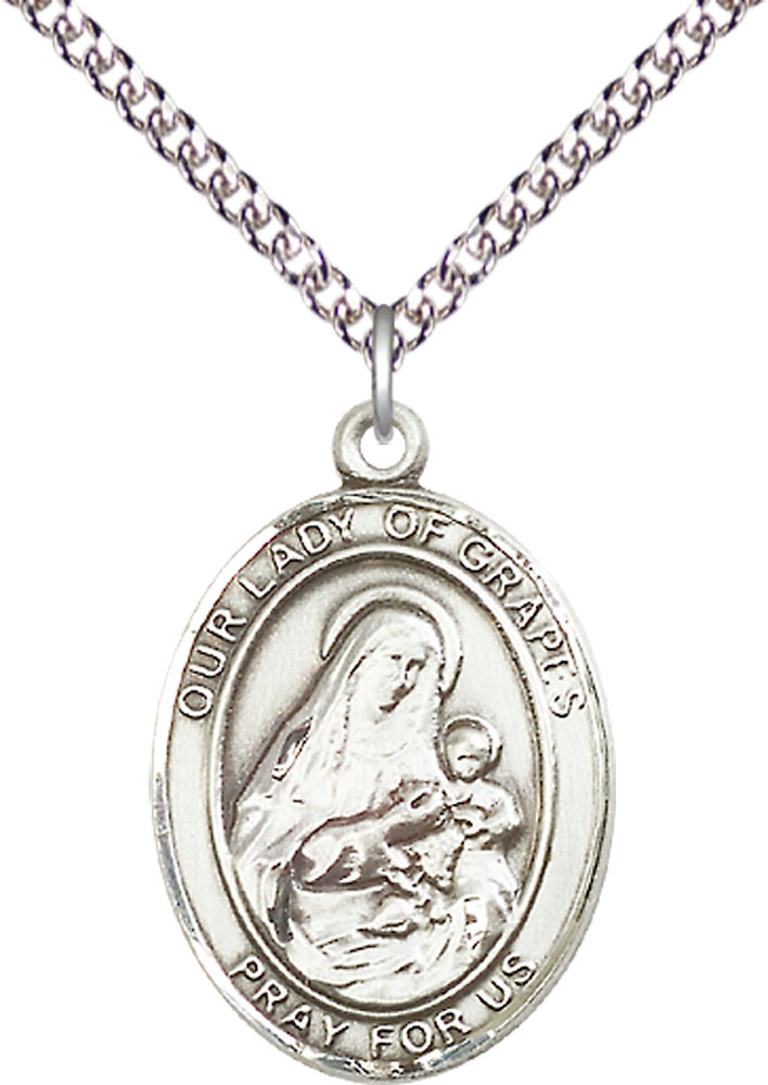 Sterling Silver Our Lady of Grapes Pendant on a 24 inch Sterling Silver Heavy Curb chain