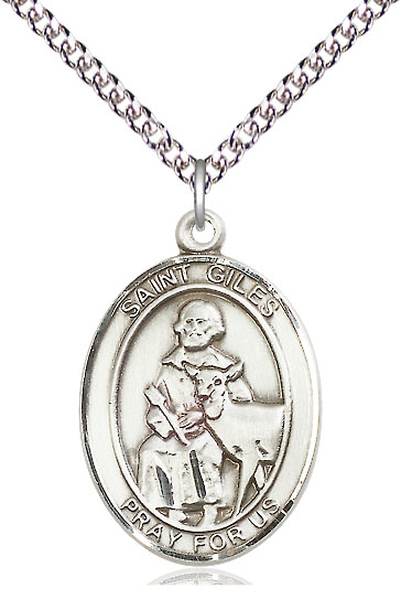 Sterling Silver Saint Giles Pendant on a 24 inch Sterling Silver Heavy Curb chain
