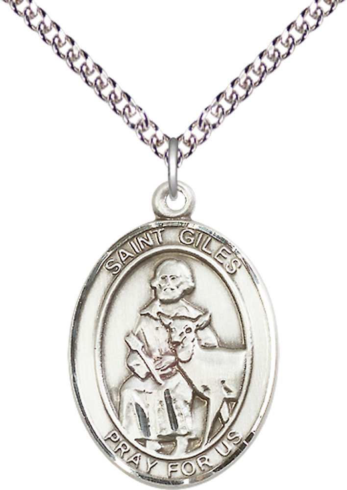Sterling Silver Saint Giles Pendant on a 24 inch Sterling Silver Heavy Curb chain