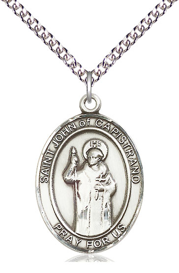 Sterling Silver Saint John of Capistrano Pendant on a 24 inch Sterling Silver Heavy Curb chain