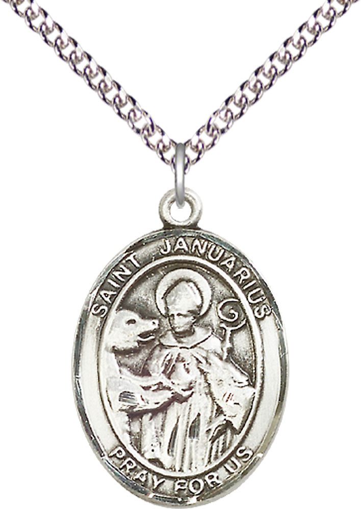 Sterling Silver Saint Januarius Pendant on a 24 inch Sterling Silver Heavy Curb chain
