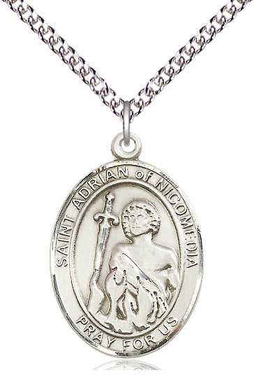 Sterling Silver Saint Adrian of Nicomedia Pendant on a 24 inch Sterling Silver Heavy Curb chain