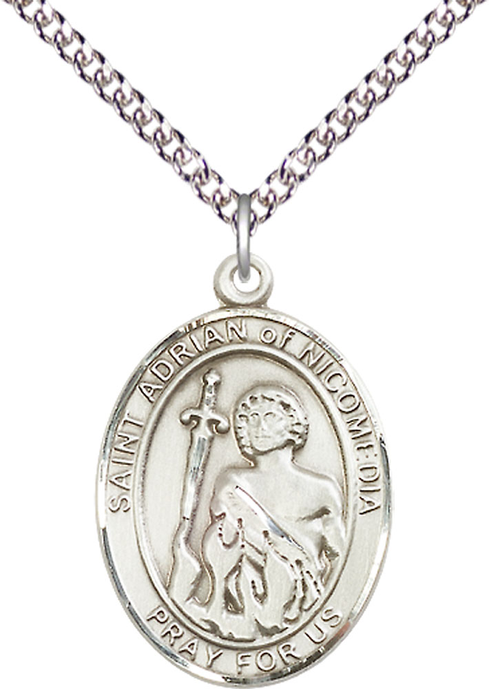 Sterling Silver Saint Adrian of Nicomedia Pendant on a 24 inch Sterling Silver Heavy Curb chain
