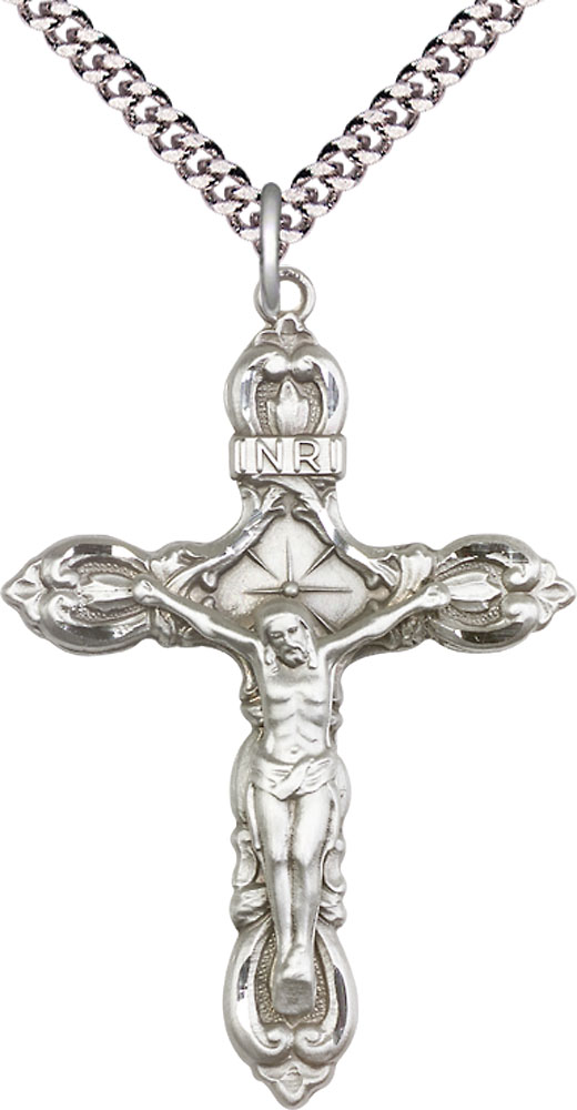 Sterling Silver Crucifix Pendant on a 24 inch Light Rhodium Heavy Curb chain