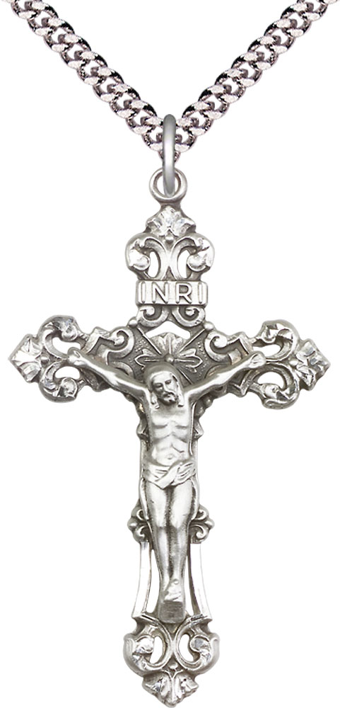 Sterling Silver Crucifix Pendant on a 24 inch Light Rhodium Heavy Curb chain