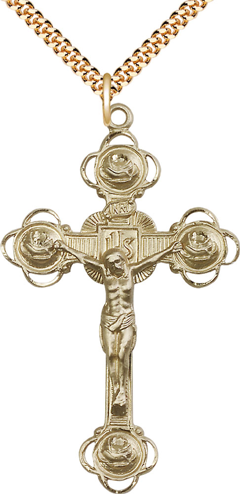 14kt Gold Filled Crucifix Pendant on a 24 inch Gold Plate Heavy Curb chain