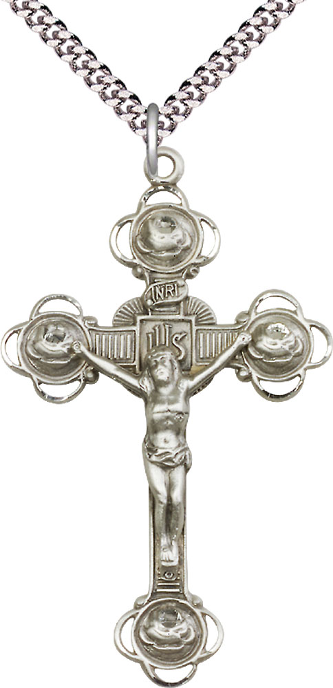 Sterling Silver Crucifix Pendant on a 24 inch Light Rhodium Heavy Curb chain