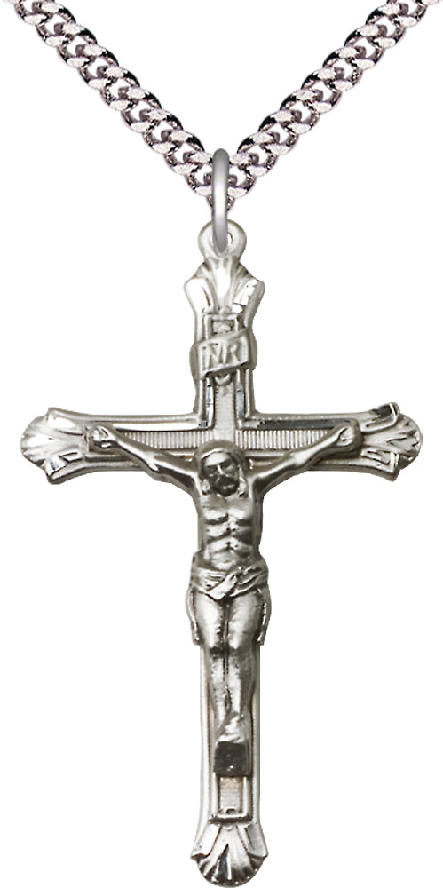 Sterling Silver Crucifix Pendant on a 24 inch Light Rhodium Heavy Curb chain