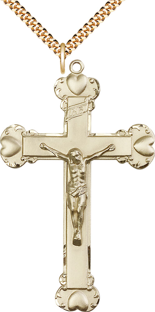 14kt Gold Filled Crucifix Pendant on a 24 inch Gold Plate Heavy Curb chain