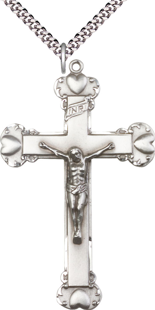 Sterling Silver Crucifix Pendant on a 24 inch Light Rhodium Heavy Curb chain