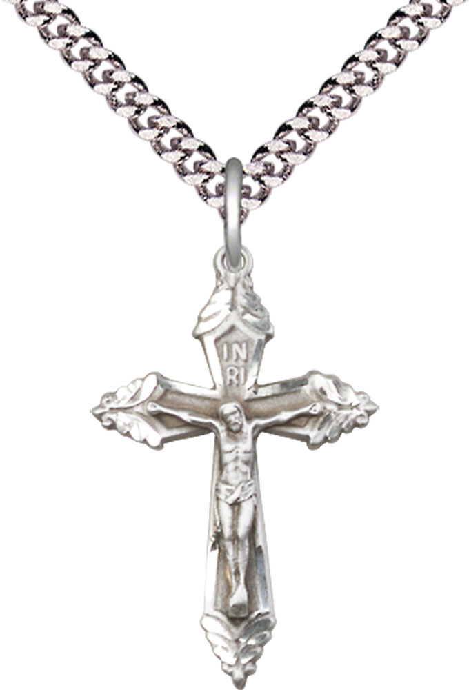 Sterling Silver Crucifix Pendant on a 24 inch Light Rhodium Heavy Curb chain