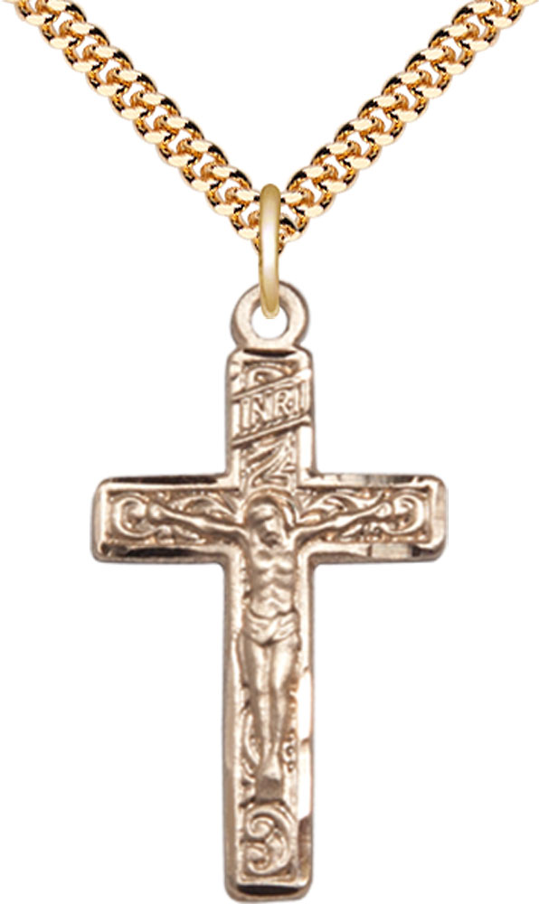 14kt Gold Filled Crucifix Pendant on a 24 inch Gold Plate Heavy Curb chain