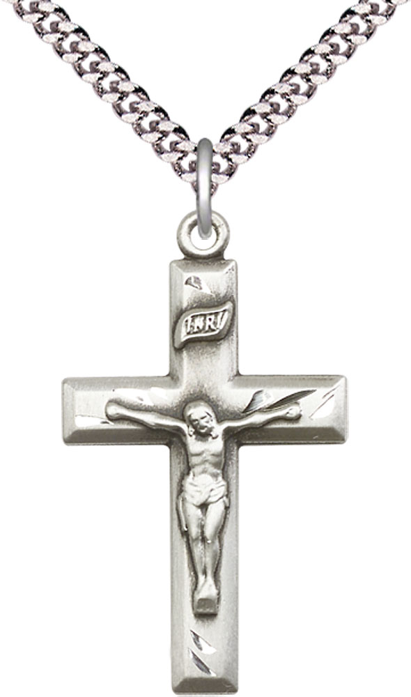 Sterling Silver Crucifix Pendant on a 24 inch Light Rhodium Heavy Curb chain