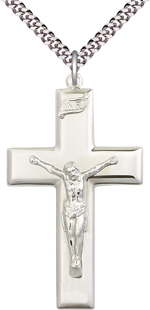 Sterling Silver Crucifix Pendant on a 24 inch Light Rhodium Heavy Curb chain