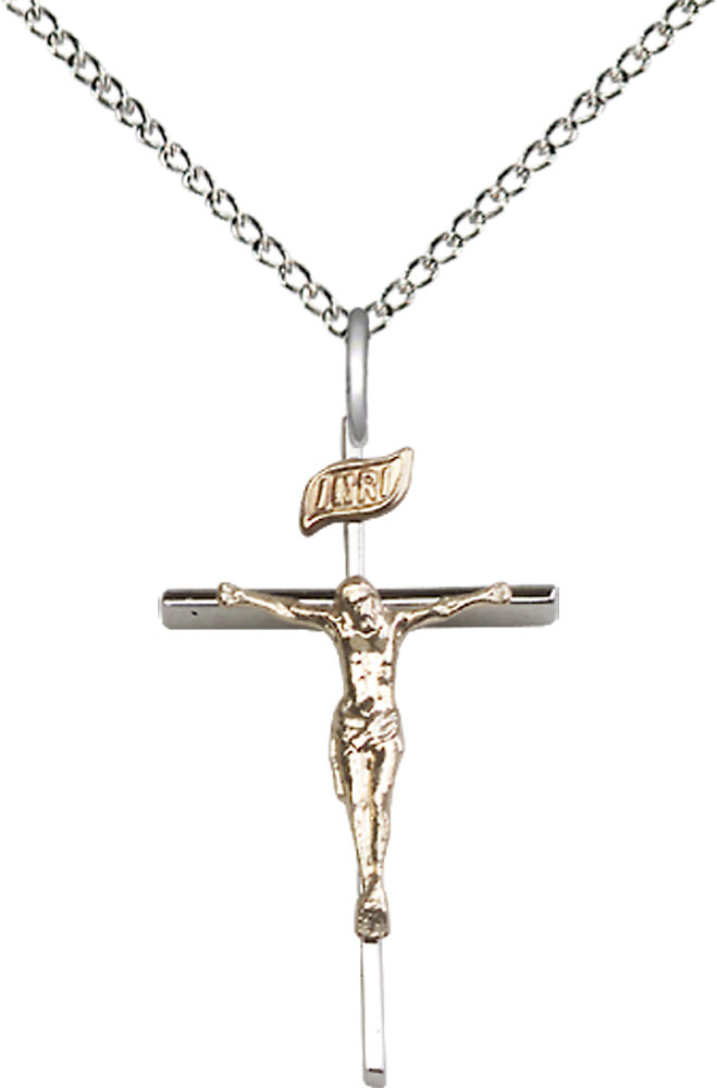 Two-Tone GF/SS Crucifix Pendant on a 18 inch Sterling Silver Light Curb chain