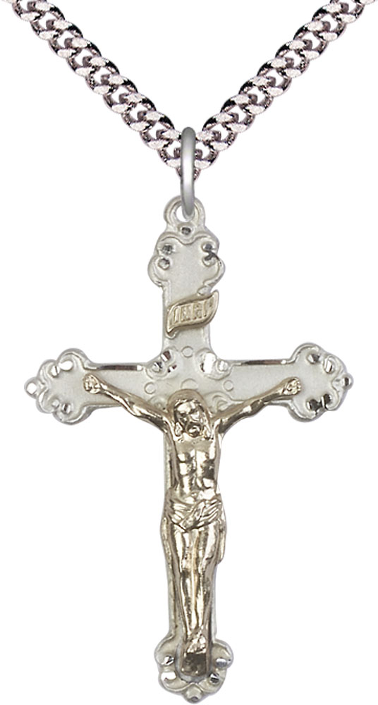 Two-Tone GF/SS Crucifix Pendant on a 24 inch Light Rhodium Heavy Curb chain