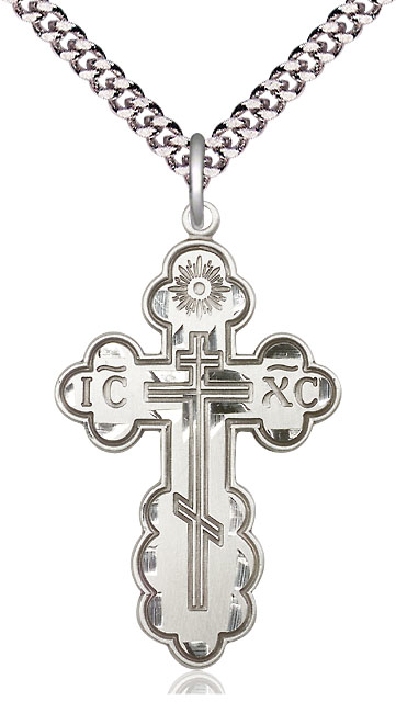 Sterling Silver Saint Olga Cross Pendant on a 24 inch Light Rhodium Heavy Curb chain