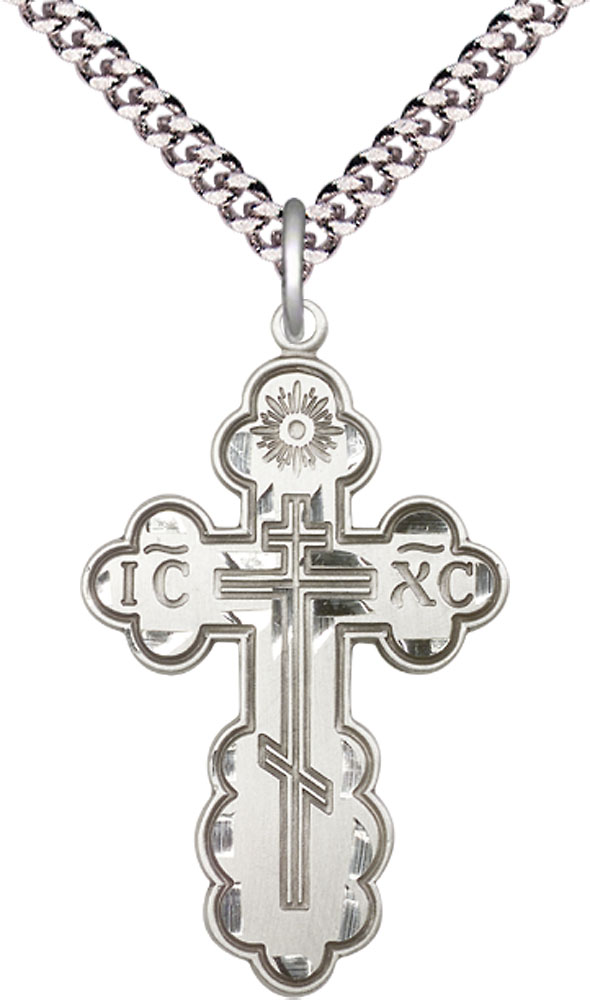 Sterling Silver Saint Olga Cross Pendant on a 24 inch Light Rhodium Heavy Curb chain