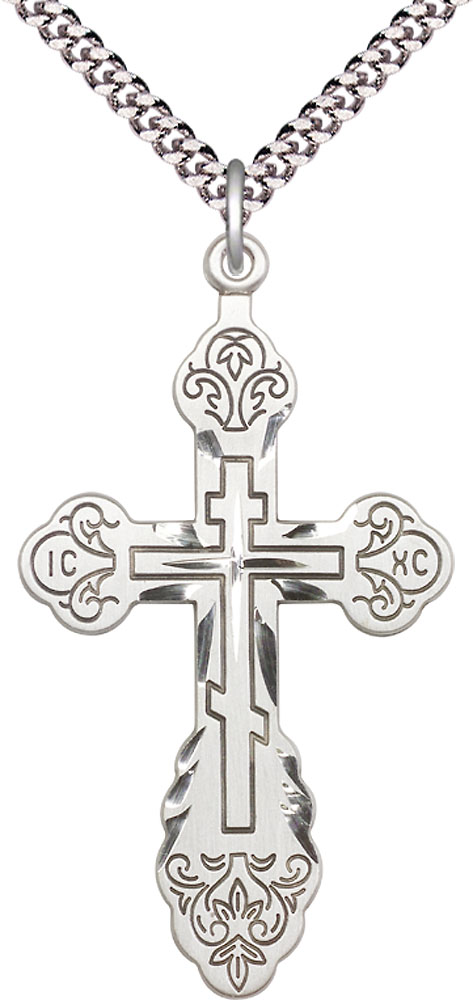 Sterling Silver Vladimir Cross Pendant on a 24 inch Light Rhodium Heavy Curb chain