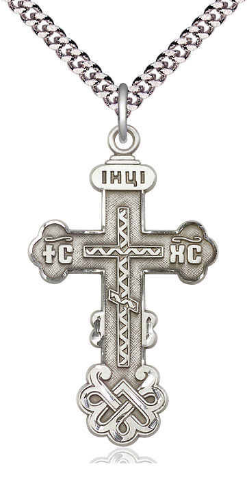 Sterling Silver Kiev Cross Pendant on a 24 inch Light Rhodium Heavy Curb chain