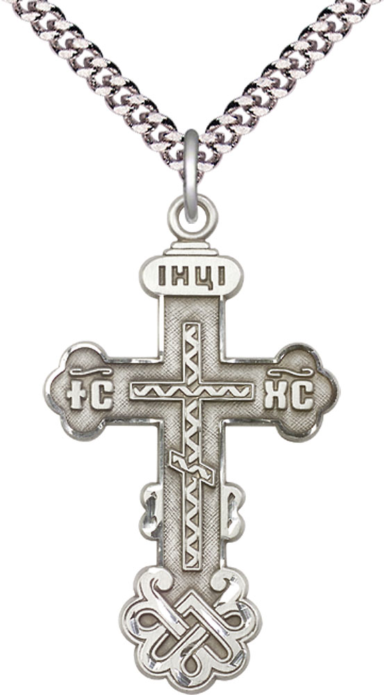 Sterling Silver Kiev Cross Pendant on a 24 inch Light Rhodium Heavy Curb chain