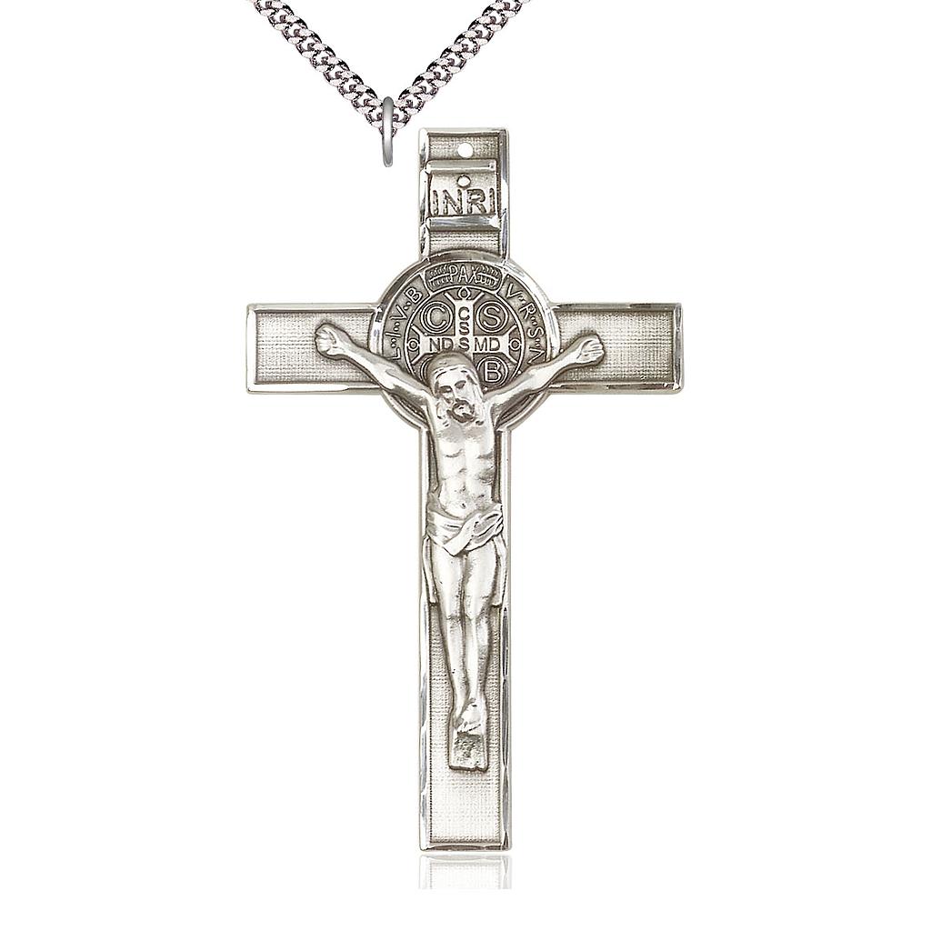 Sterling Silver Saint Benedict Pendant on a 24 inch Light Rhodium Heavy Curb chain