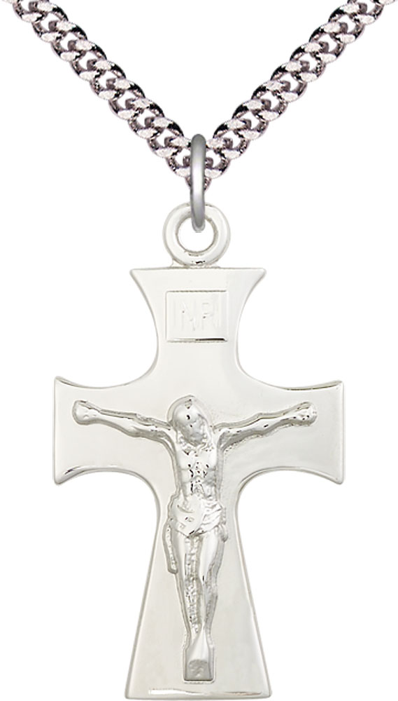 Sterling Silver Celtic Crucifix Pendant on a 24 inch Light Rhodium Heavy Curb chain