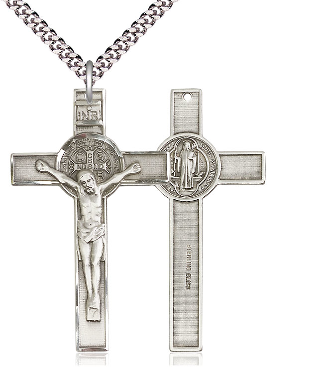 Sterling Silver Saint Benedict Crucifix Pendant on a 24 inch Light Rhodium Heavy Curb chain