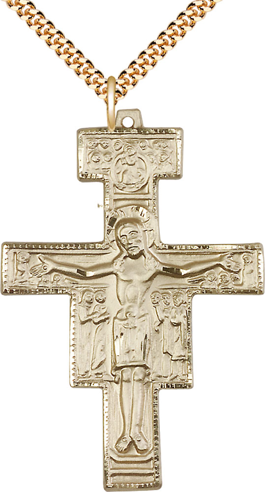 14kt Gold Filled San Damiano Pendant on a 24 inch Gold Plate Heavy Curb chain