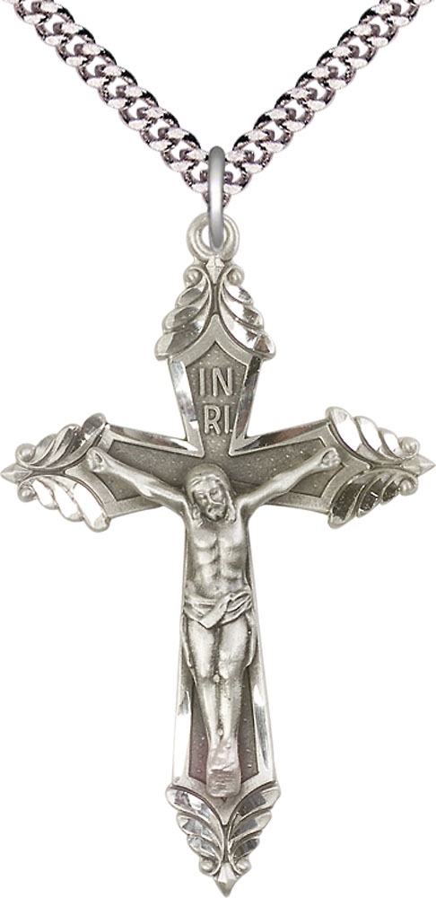 Sterling Silver Crucifix Pendant on a 24 inch Light Rhodium Heavy Curb chain
