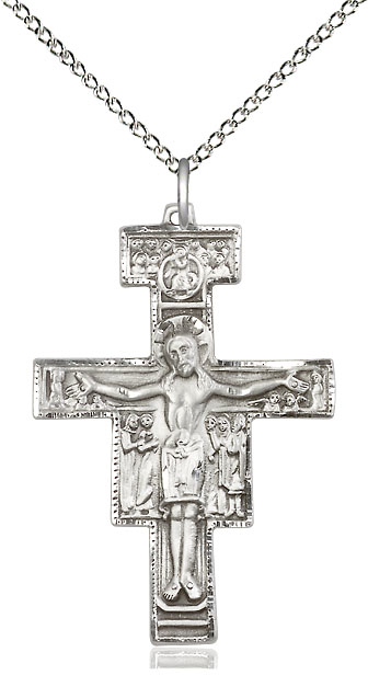 Sterling Silver San Damiano Crucifix Pendant on a 18 inch Sterling Silver Light Curb chain