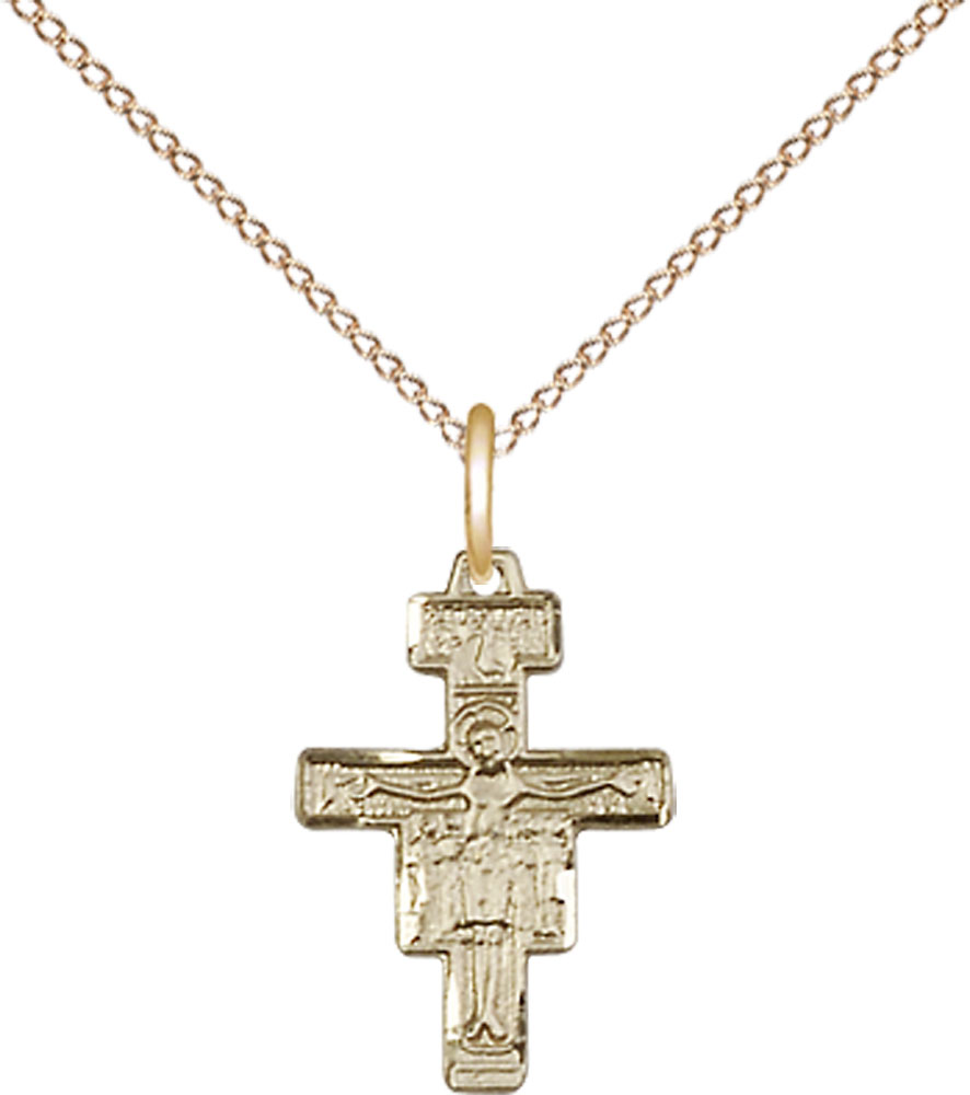 14kt Gold Filled San Damiano Crucifix Pendant on a 18 inch Gold Filled Light Curb chain
