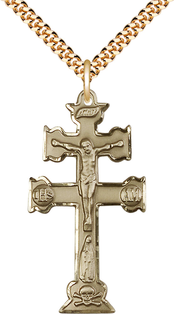 14kt Gold Filled Caravaca Crucifix Pendant on a 24 inch Gold Plate Heavy Curb chain