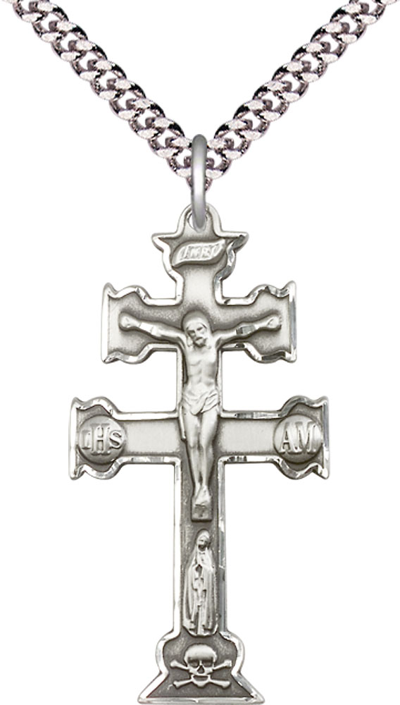 Sterling Silver Caravaca Crucifix Pendant on a 24 inch Light Rhodium Heavy Curb chain