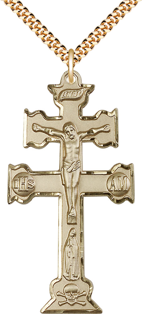 14kt Gold Filled Caravaca Crucifix Pendant on a 24 inch Gold Plate Heavy Curb chain