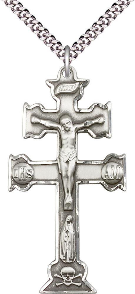 Sterling Silver Caravaca Crucifix Pendant on a 24 inch Light Rhodium Heavy Curb chain