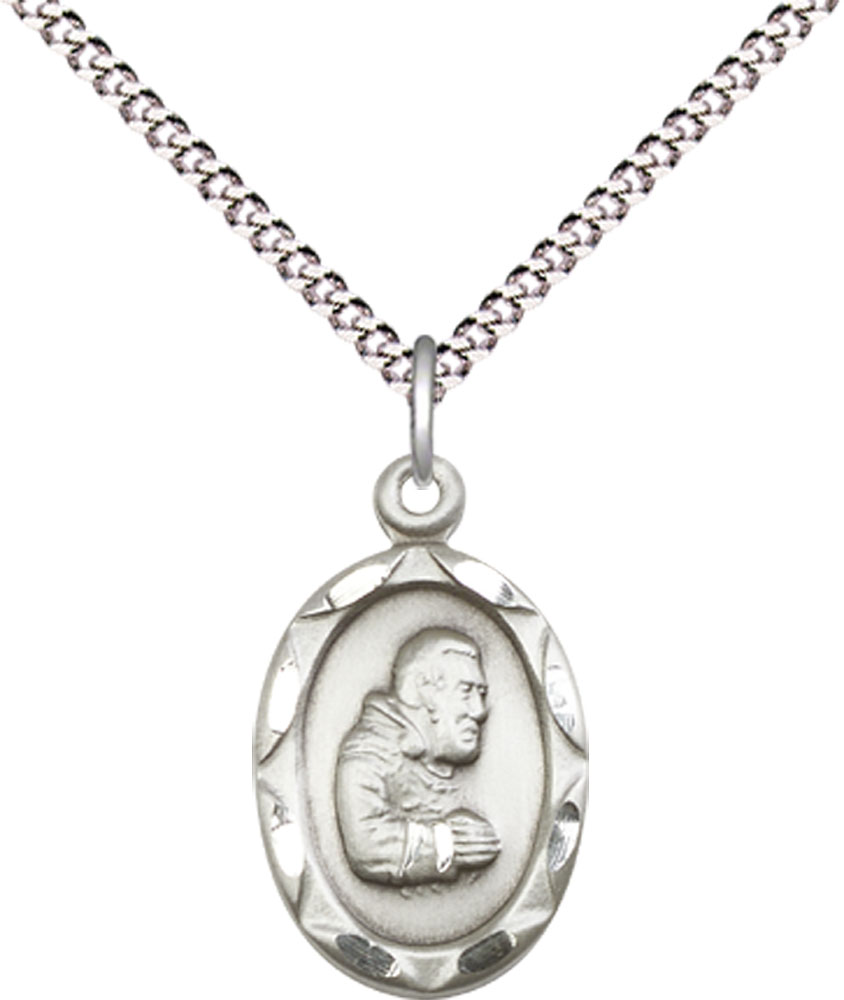 Sterling Silver Saint Pio of Pietrelcina Pendant on a 18 inch Light Rhodium Light Curb chain