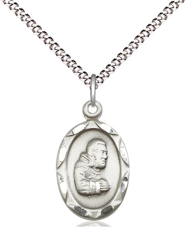 Sterling Silver Saint Pio of Pietrelcina Pendant on a 18 inch Light Rhodium Light Curb chain