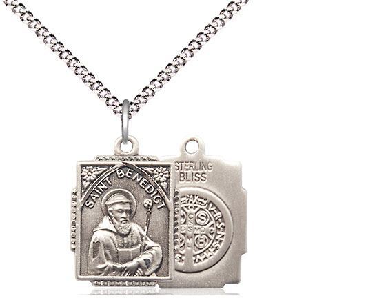 Sterling Silver Saint Benedict Pendant on a 18 inch Light Rhodium Light Curb chain