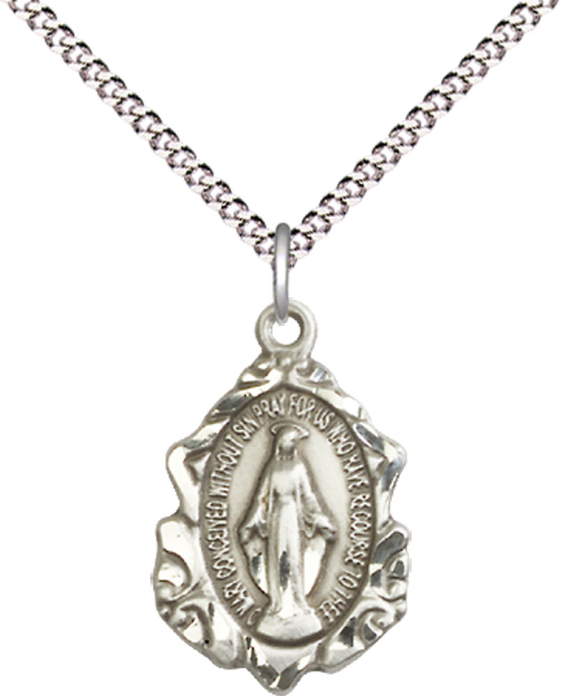 Sterling Silver Miraculous Pendant on a 18 inch Light Rhodium Light Curb chain
