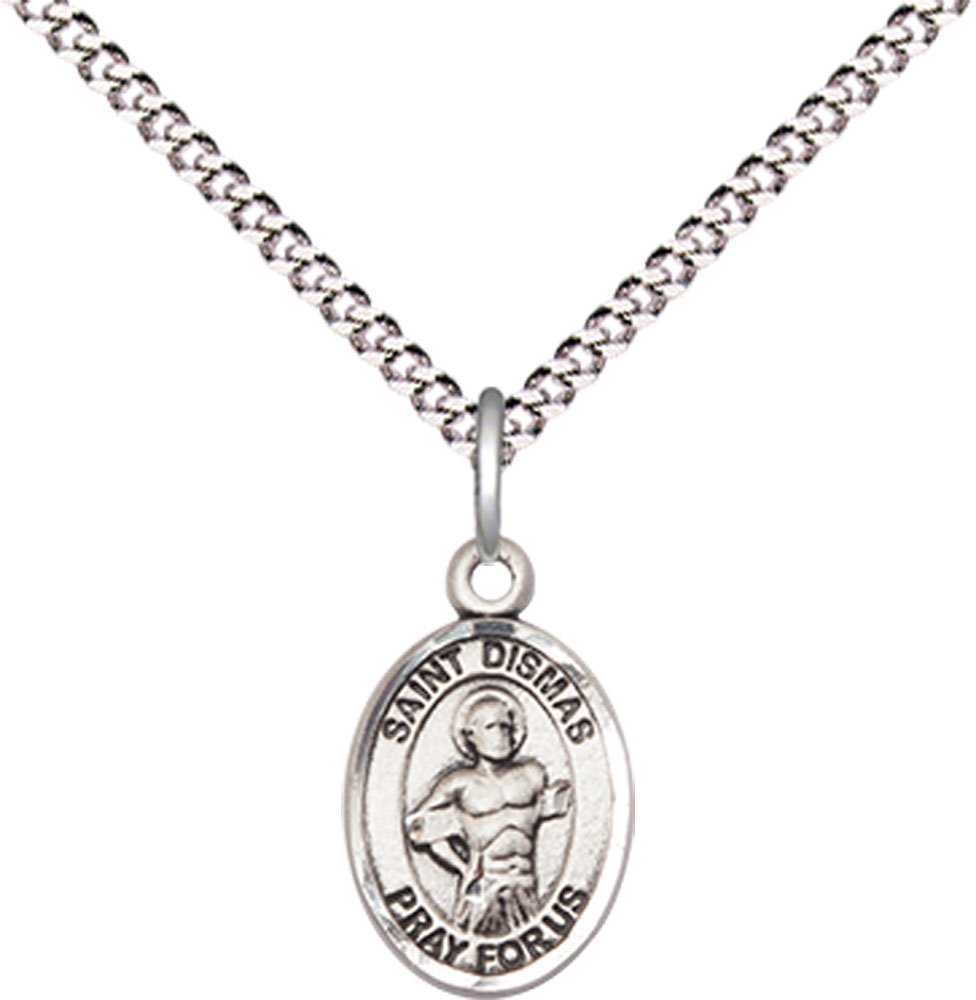 Sterling Silver Saint Dismas Pendant on a 18 inch Light Rhodium Light Curb chain