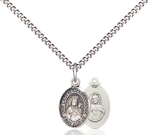 Sterling Silver Our Lady of Czestochowa Pendant on a 18 inch Light Rhodium Light Curb chain